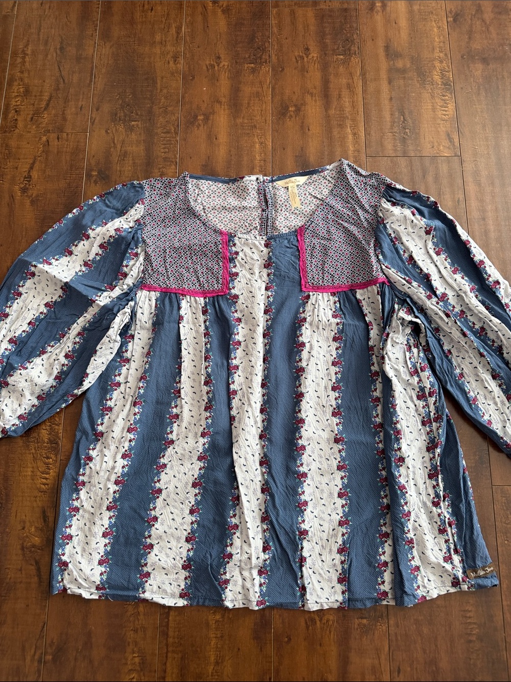 Matilda Jane Blue and White Striped Floral Yoke Tunic with Pink Trim
